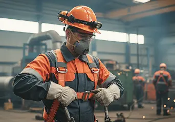 A welder in a respirator and hard hat preparing equipment