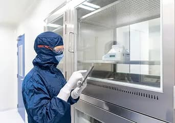 A worker in a full cleanroom gown and gloves at a laboratory cabinet