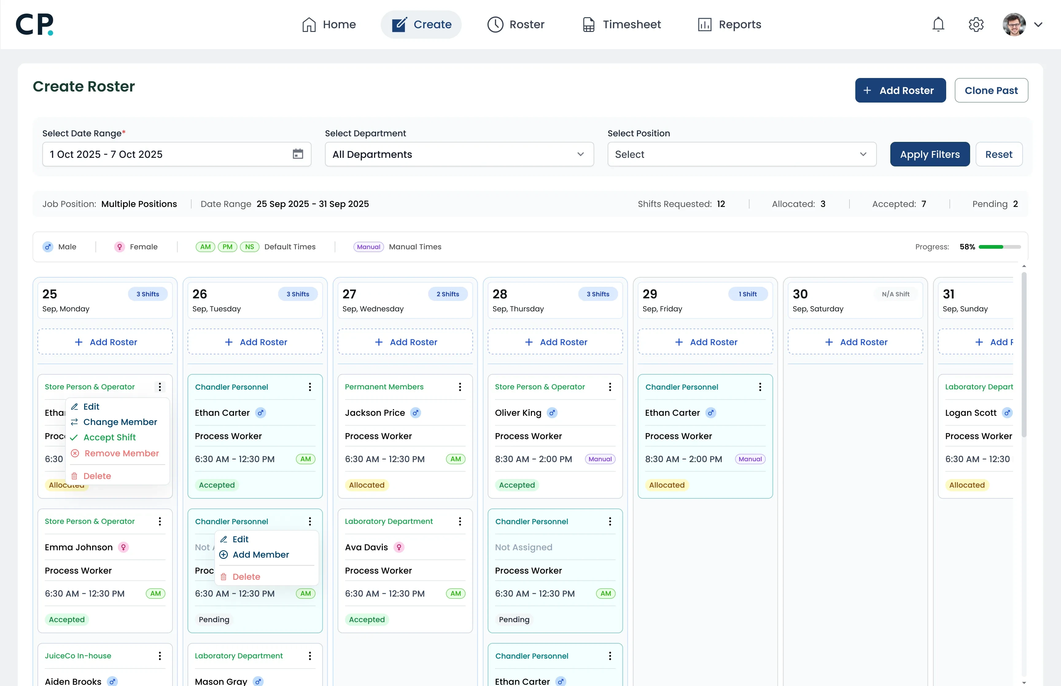 The Create Roster screen, with a week of shifts across departments