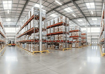 A large distribution centre with full pallet racking