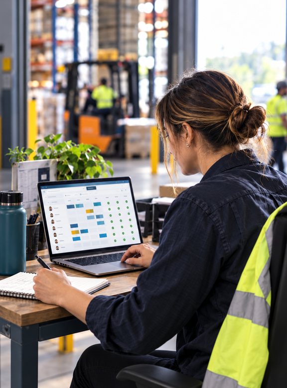 Workforce coordinator reviewing shifts at a warehouse desk