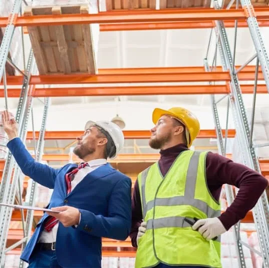 warehouse worker talking to a senior manager in a warehouse
